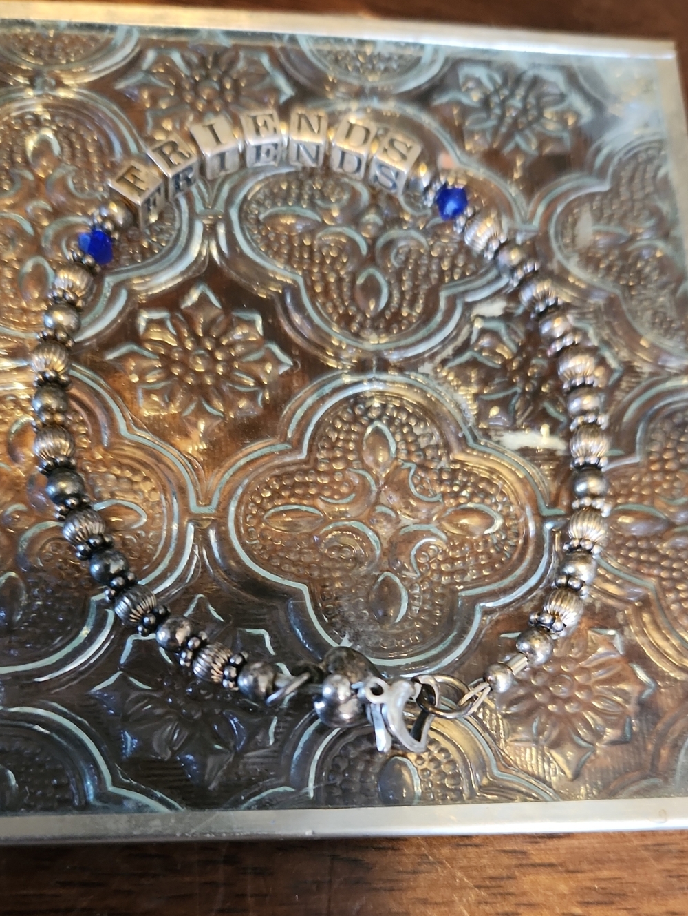 Friends Sterling Silver Beaded Bracelet with Blue Accents. Sz 7.5